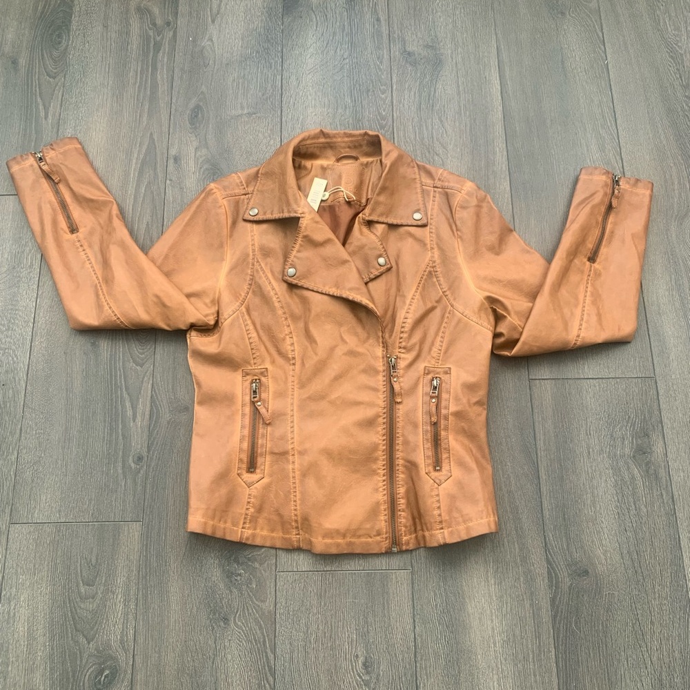 NWT Max Studio Faux Leather Biker Jacket Cognac Brown
